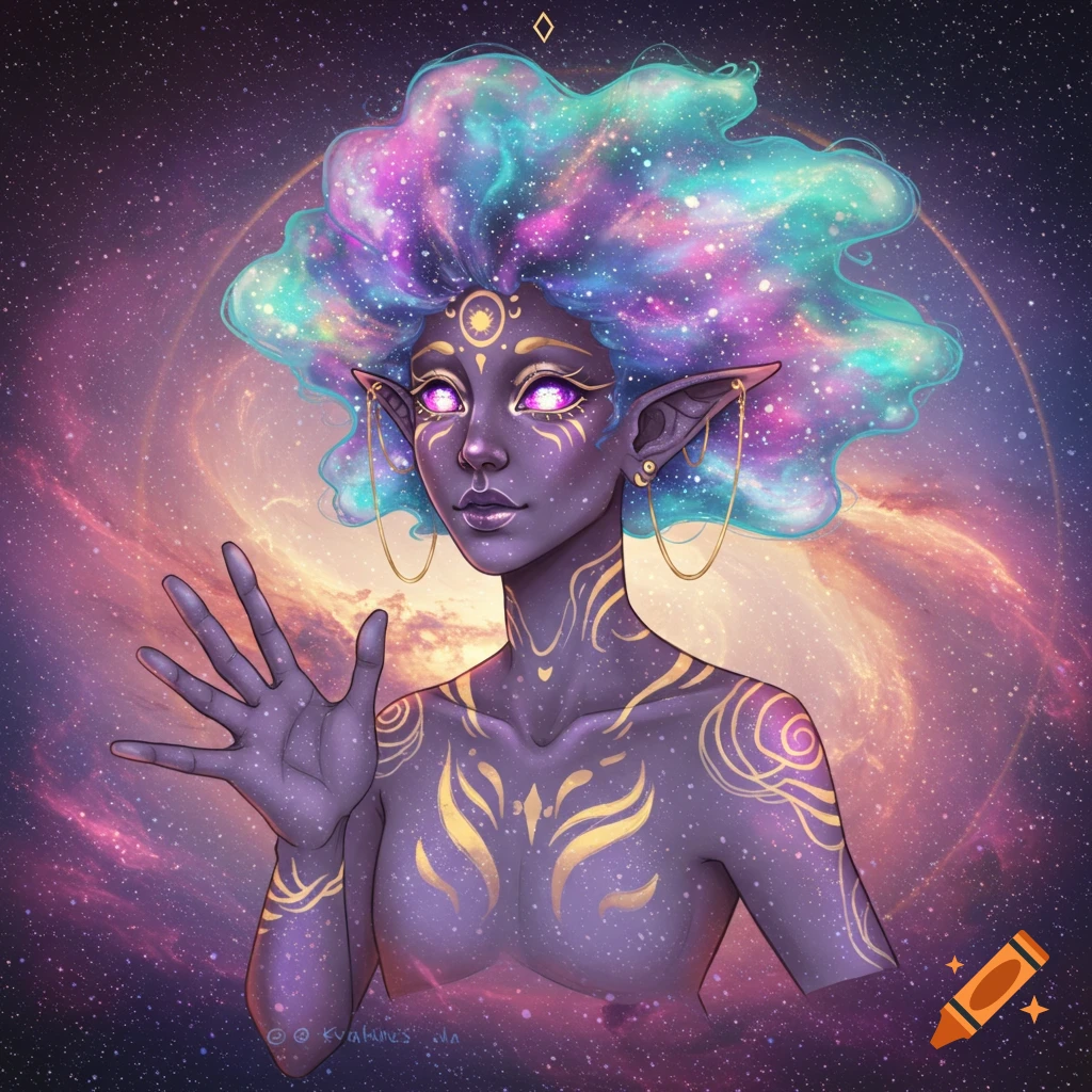 A fantasy humanoid with galaxy patterns in space