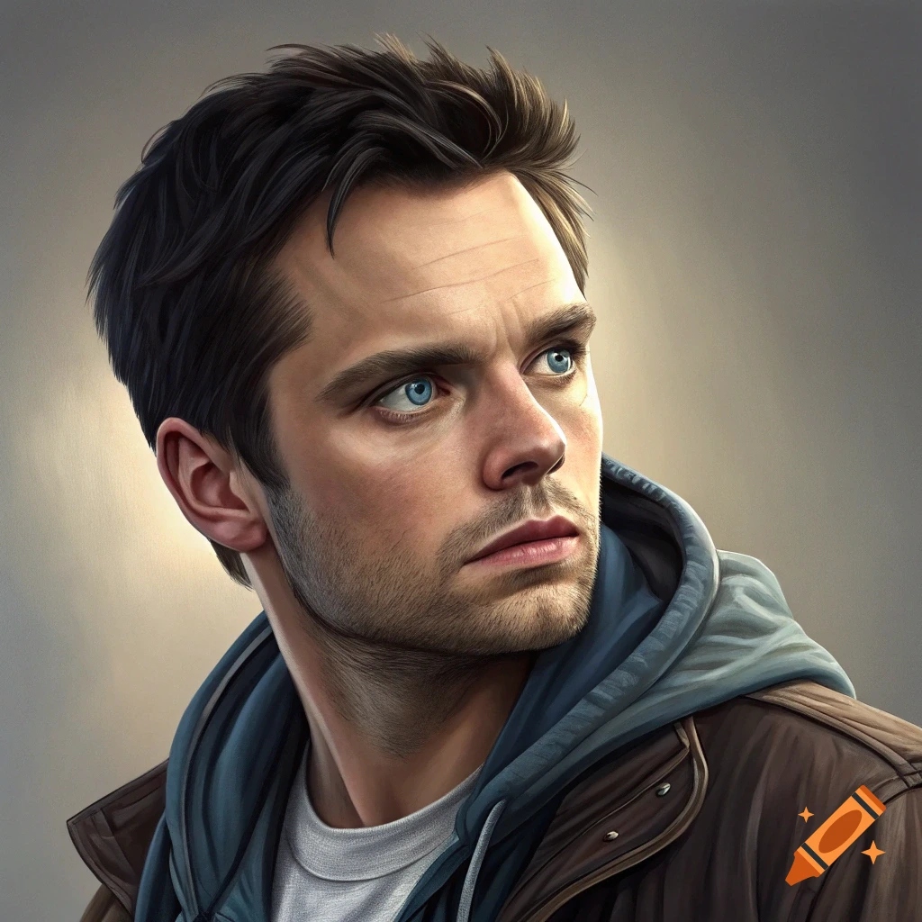 Realistic portrait of a man resembling Sebastian Stan wearing a jacket and hoodie, looking to the side.