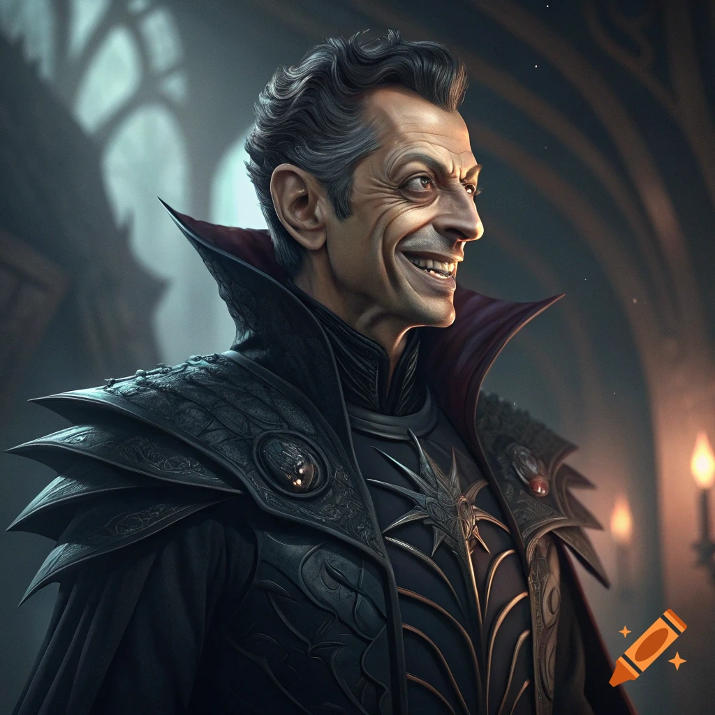 A man resembling Jeff Goldblum in ornate villain armor smiles maniacally in a gothic setting.