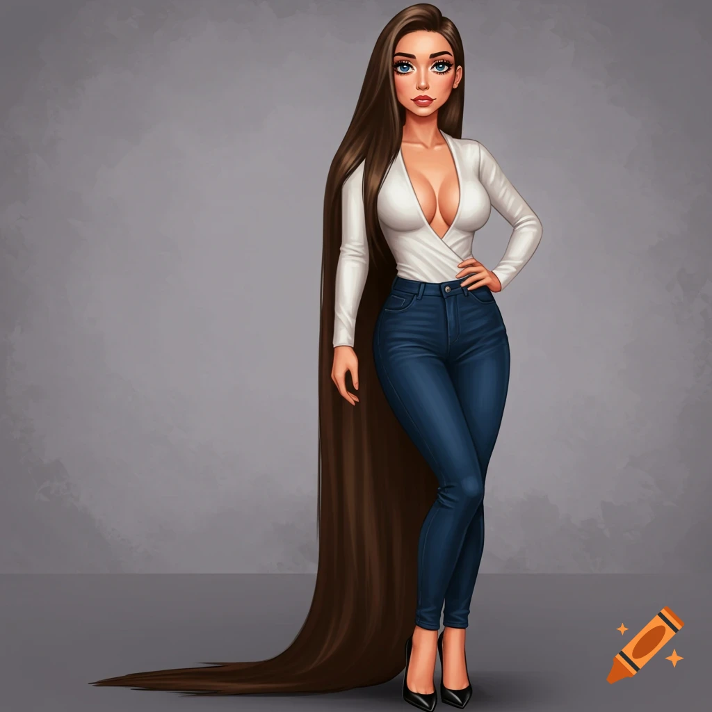 A stylized image of a woman with extremely long brown hair, wearing a deep-cut white top, jeans, and black heels.