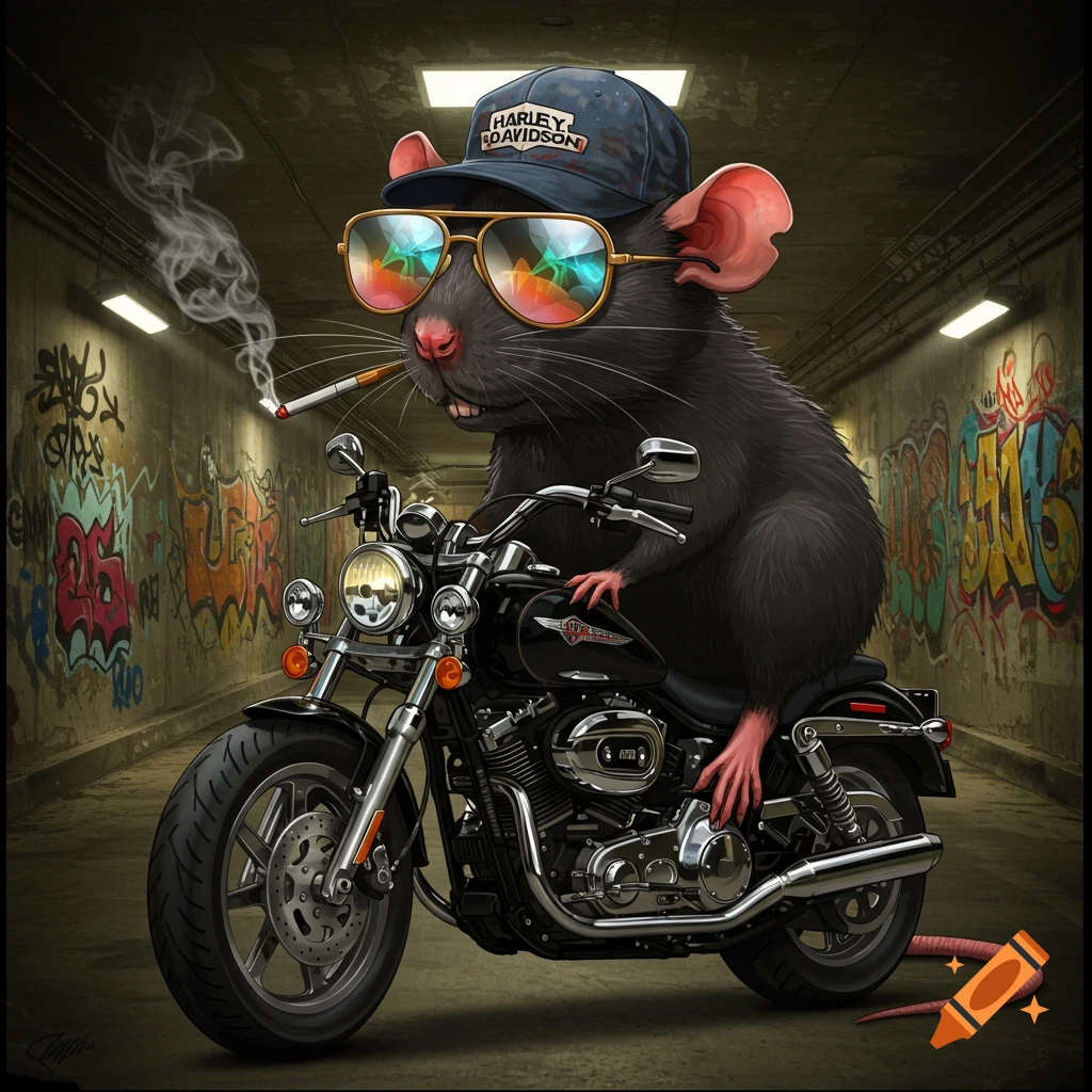 A rat riding a motorcycle in a tunnel, wearing sunglasses and a cap.