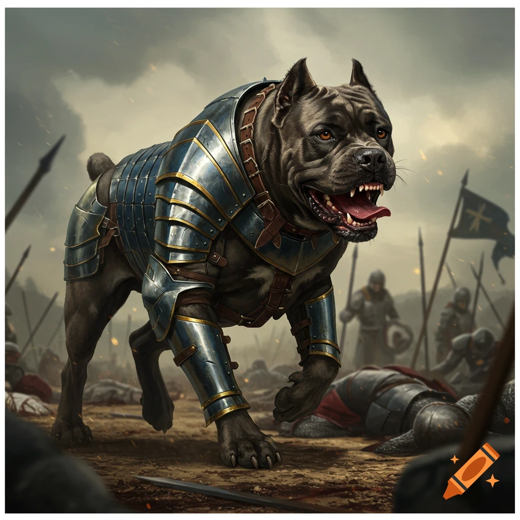 A Cane Corso dog wearing plate armor stands on a battlefield filled with fallen soldiers.