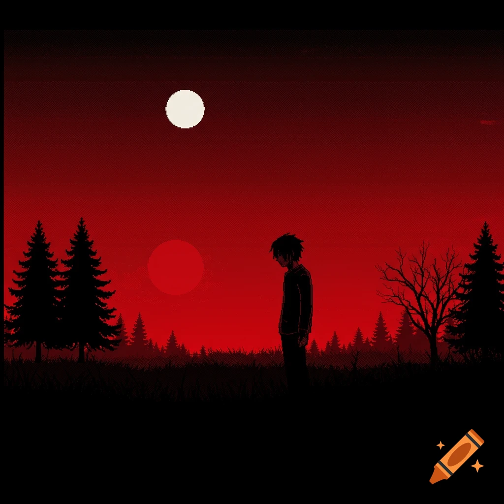 Pixelated landscape with a silhouetted figure standing among trees under a red sky and moon, in a manga style.