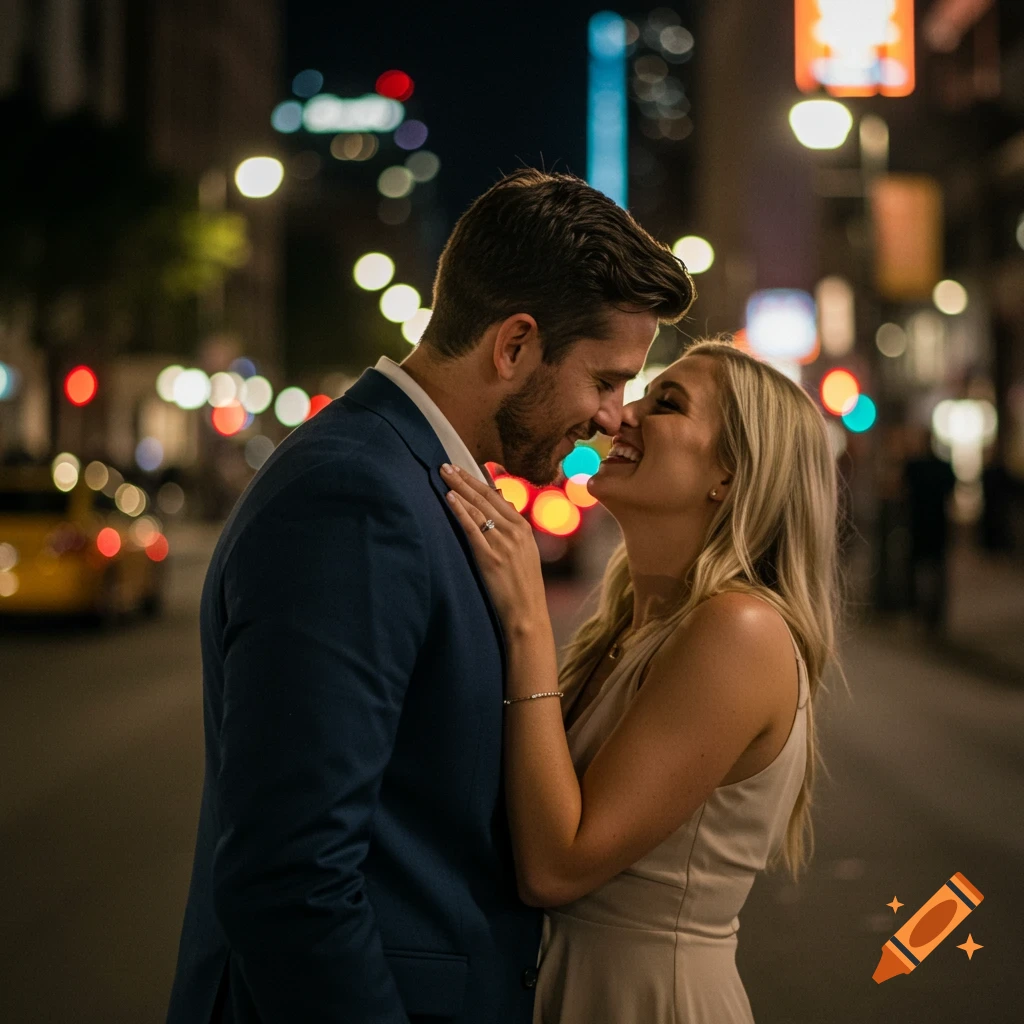 Romantic photo of a couple about to kiss in a city street at night with bokeh lights.