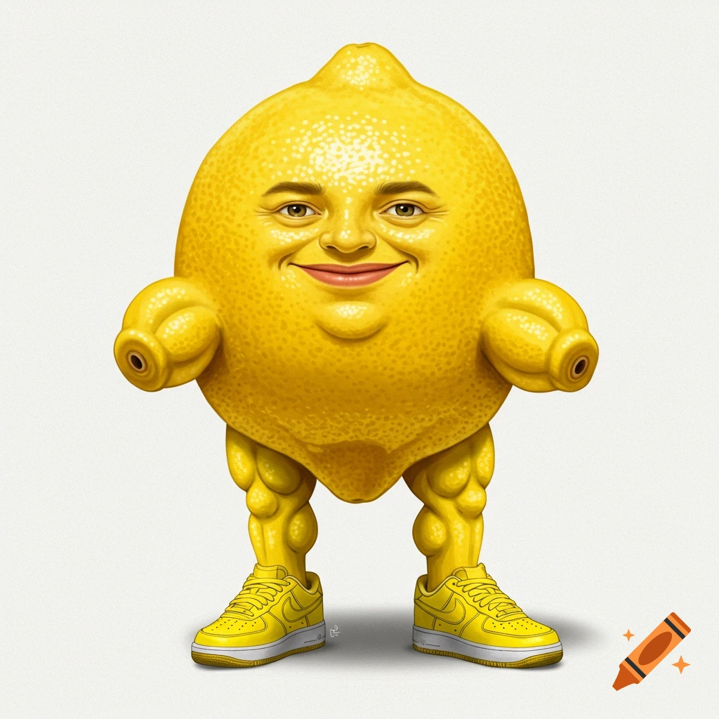 A buff lemon with a human face and legs wearing yellow sneakers.
