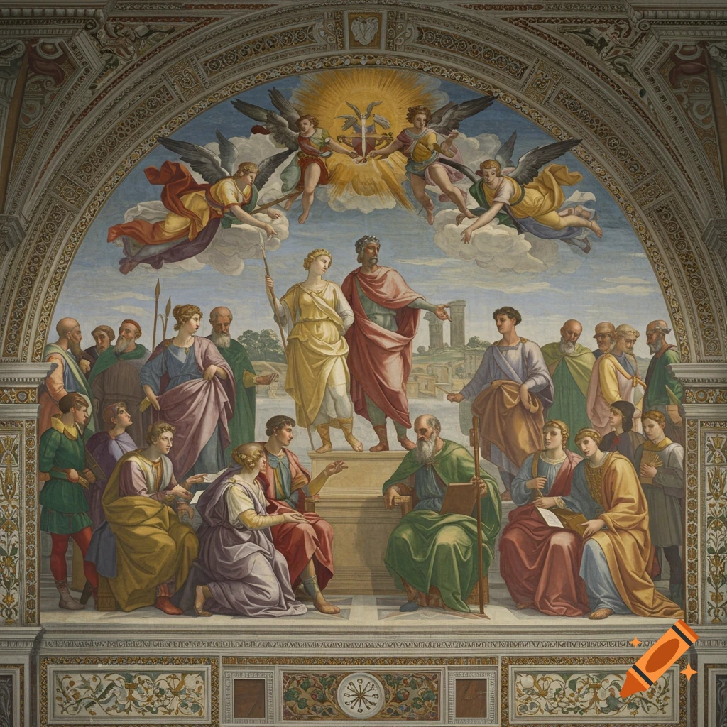 A large fresco-style painting showing many figures in classical robes under an arch, with winged figures above a central group.