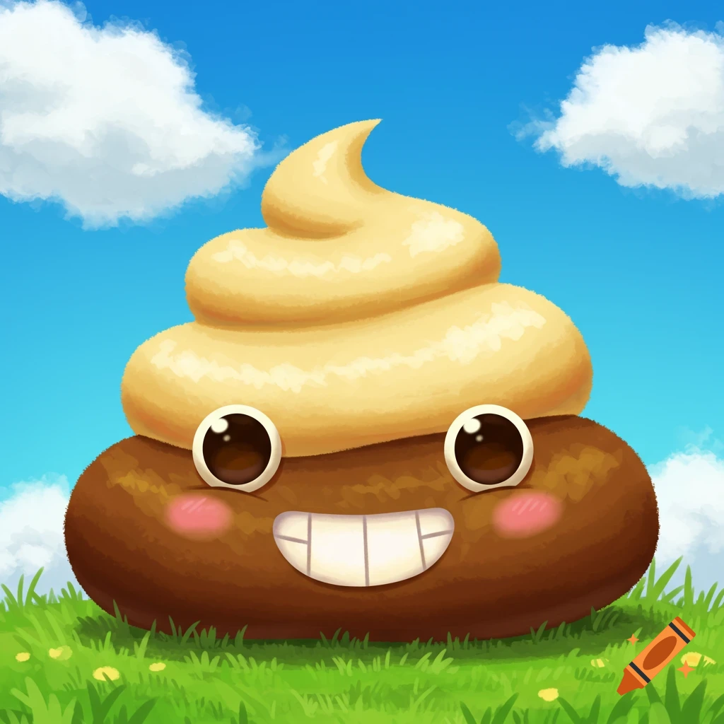 Cartoon smiling poop character in a field under a blue sky.