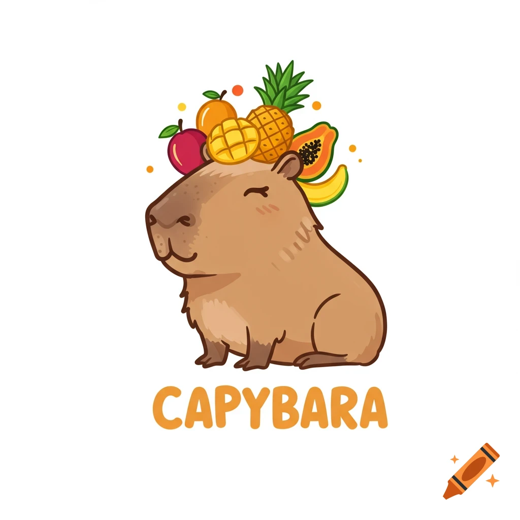 Cartoon capybara with fruit on its head and text 'CAPYBARA' below.