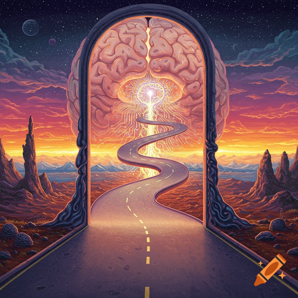 Surreal highway leading into a giant brain archway under a cosmic sky.