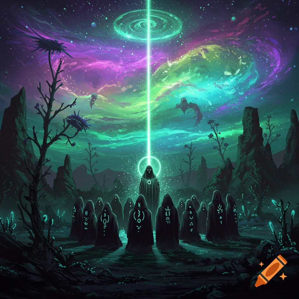 Hooded figures with glowing symbols gather in a dark, alien landscape under a vibrant, swirling nebula and beam of light.