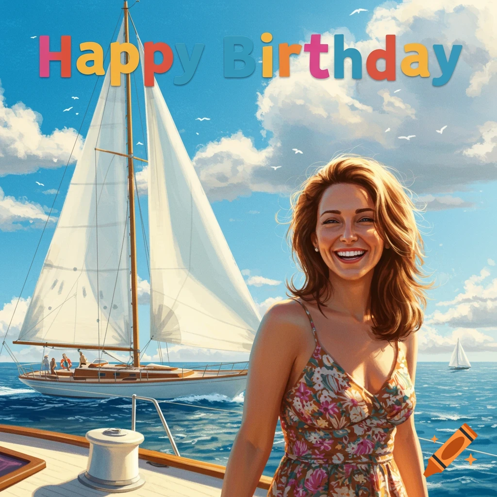 Smiling woman on a sailboat with 'Happy Birthday' text.