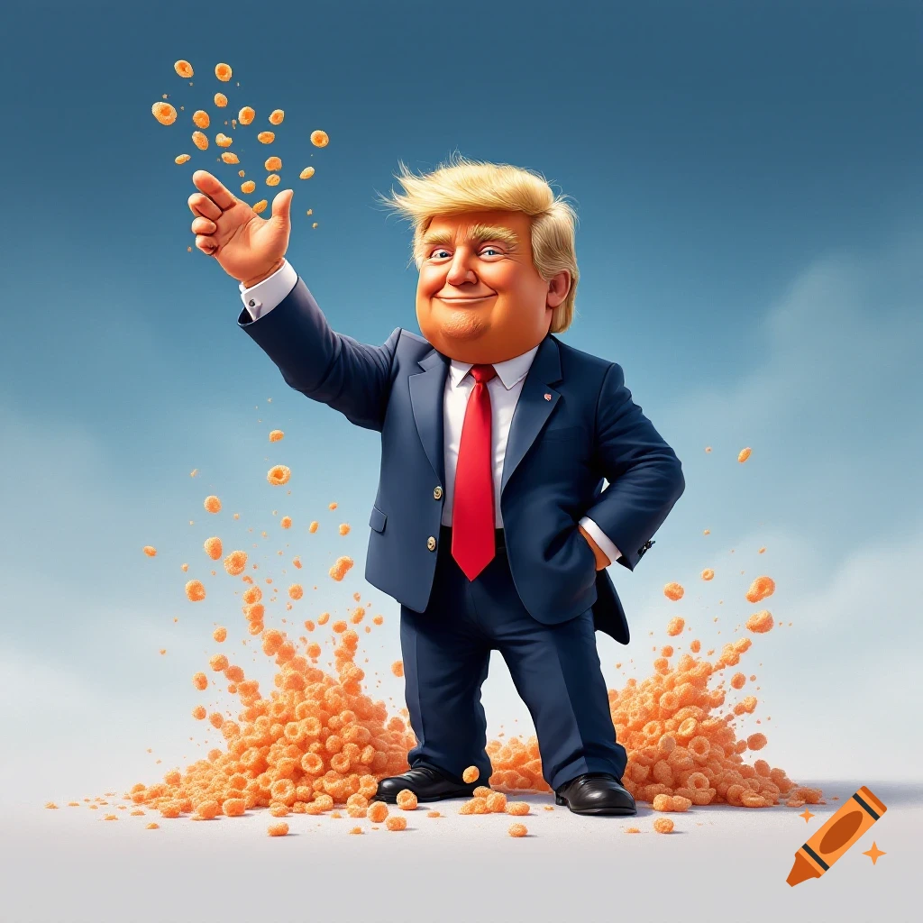 Cartoon Donald Trump throwing orange cereal rings, standing in a pile of them.
