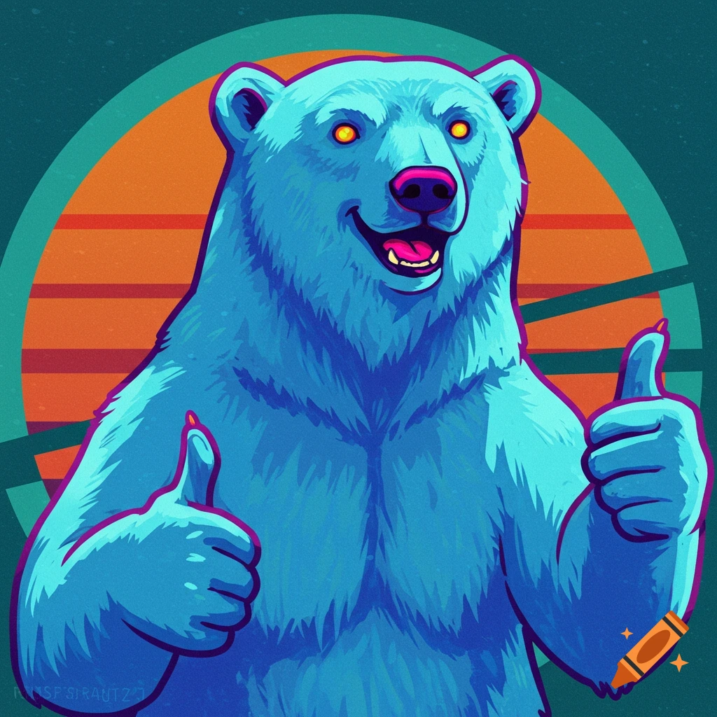Blue bear with glowing eyes giving two thumbs up in a retro style.