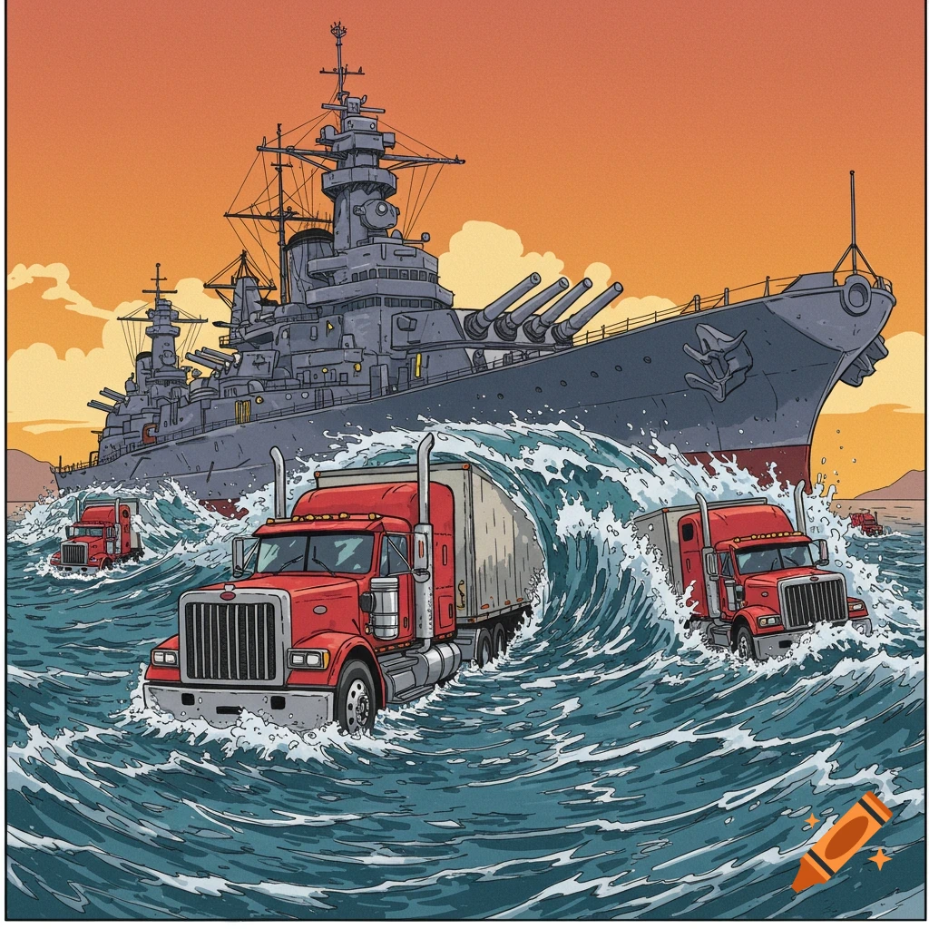 Red semi trucks riding large waves in the ocean next to a battleship.