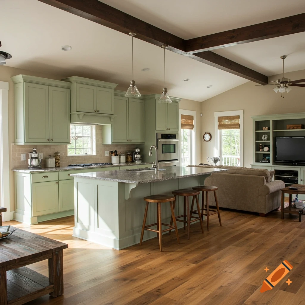 Modern kitchen and living room with light green cabinets, granite counters, wood beams, and wood flooring.