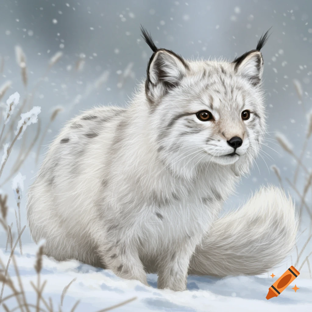 A fluffy white animal resembling a lynx or arctic fox sitting in the snow.
