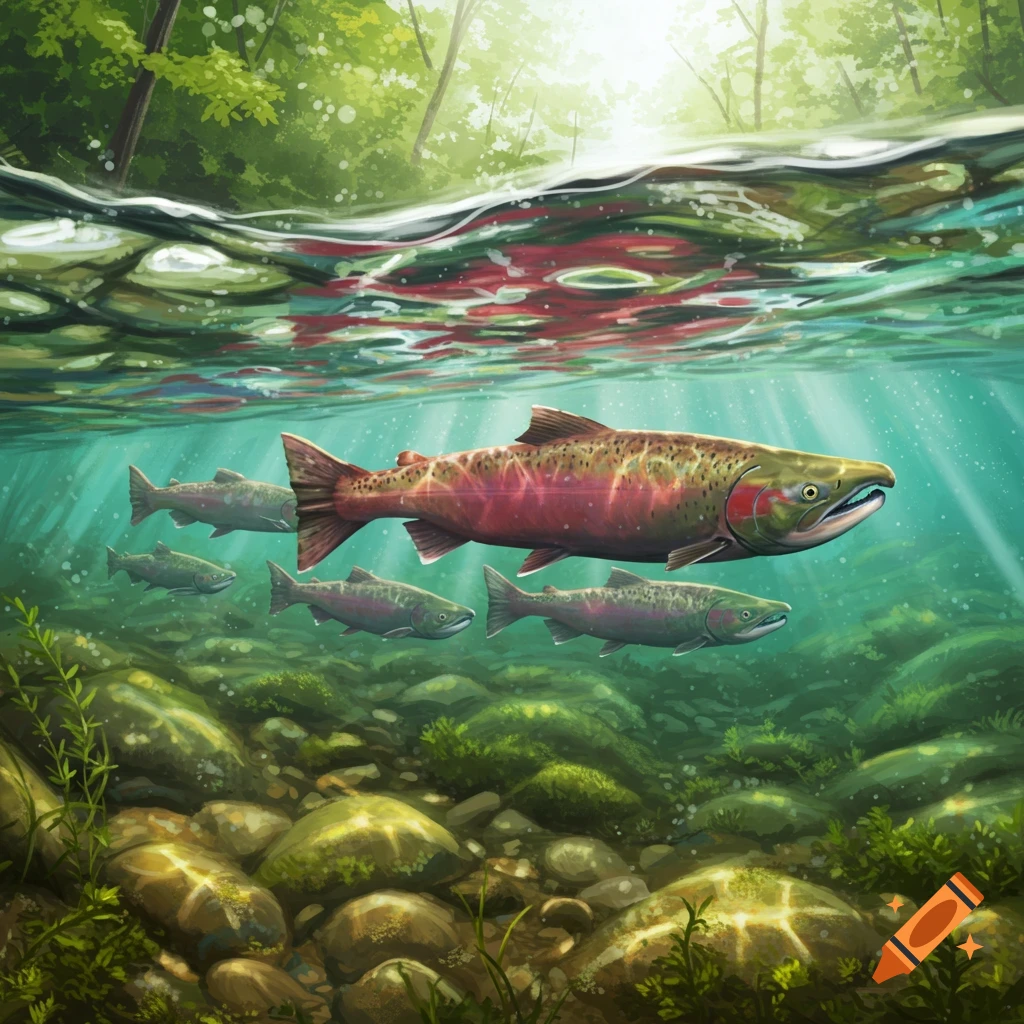 Salmon swimming in a clear river with sunlight filtering through the surface.