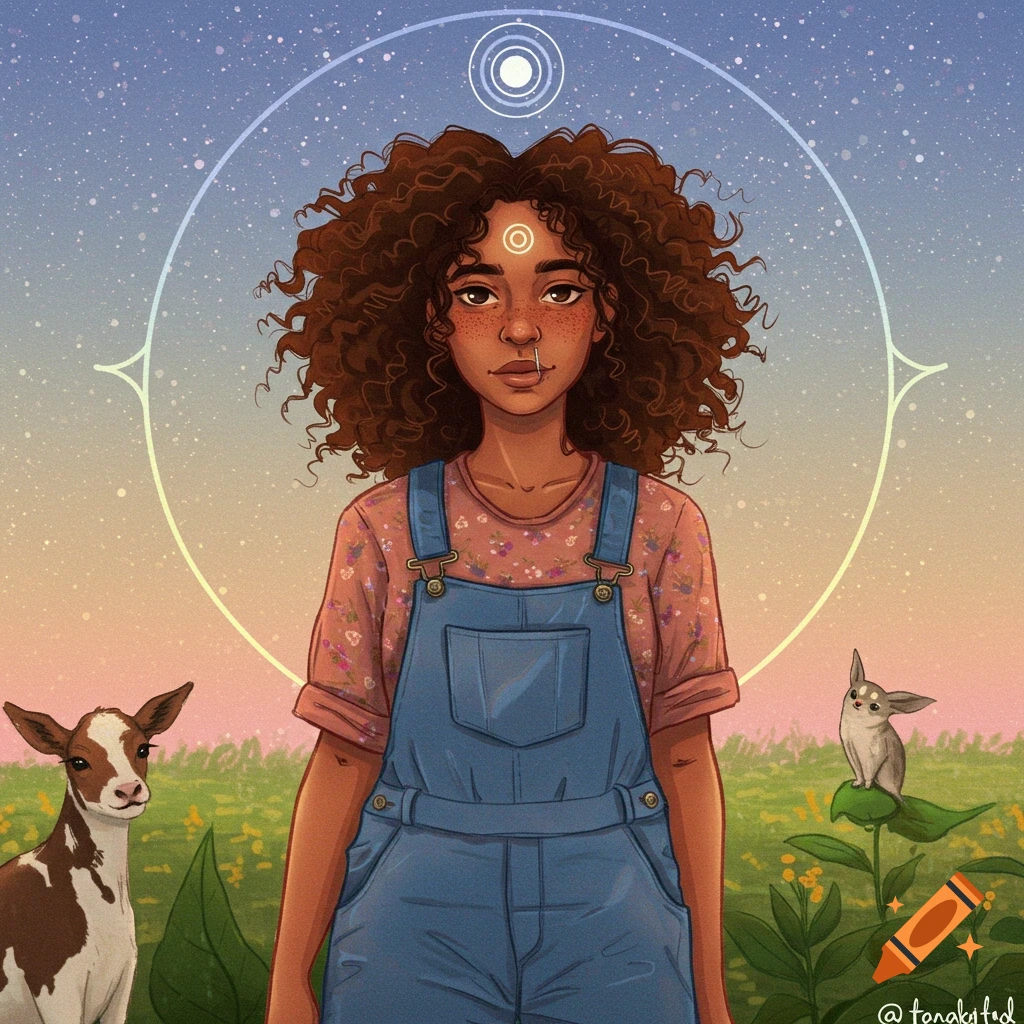 A woman in overalls stands in a field with a calf and rabbit.