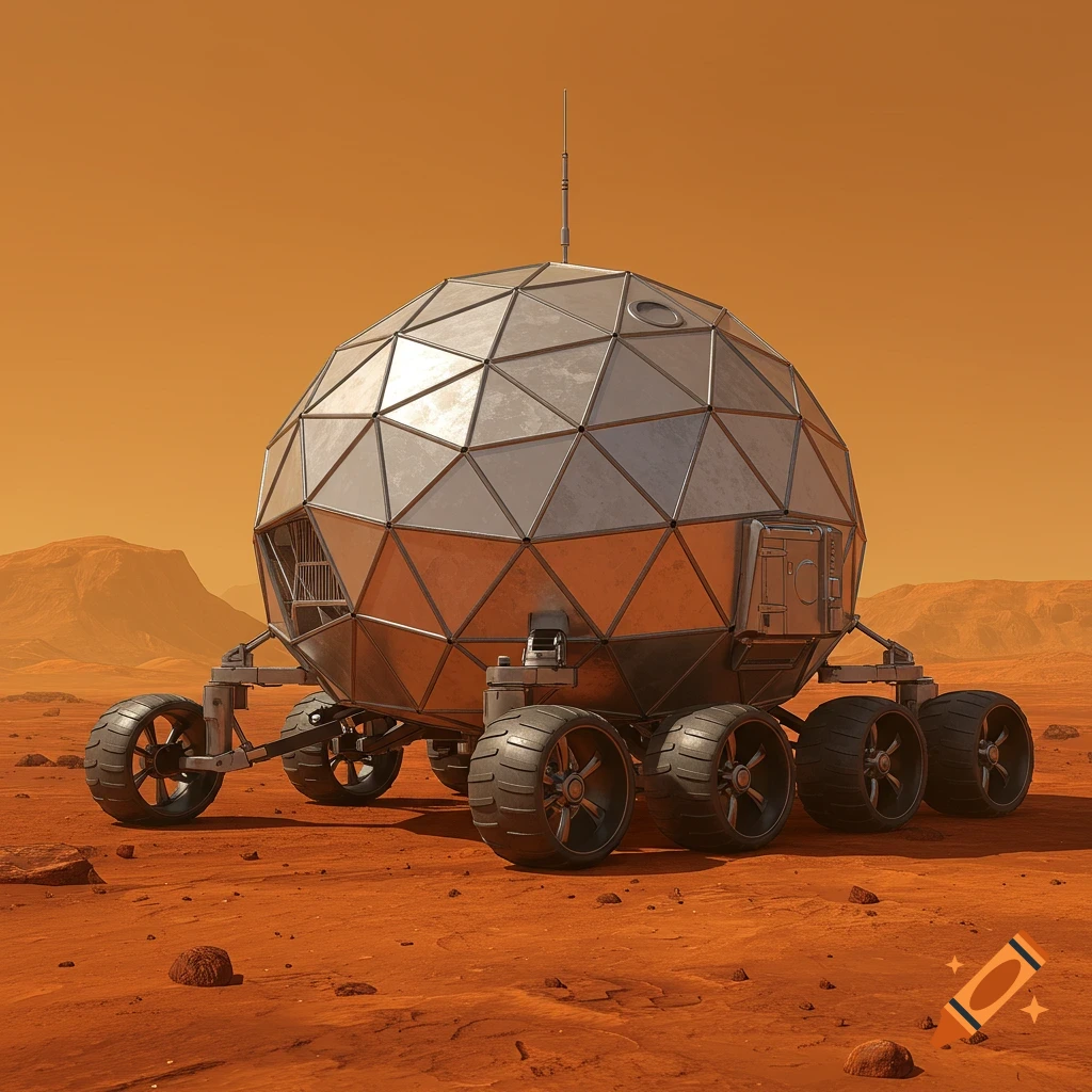 A futuristic metallic geodesic rover with six wheels sits on a red, rocky Mars-like landscape under an orange sky.
