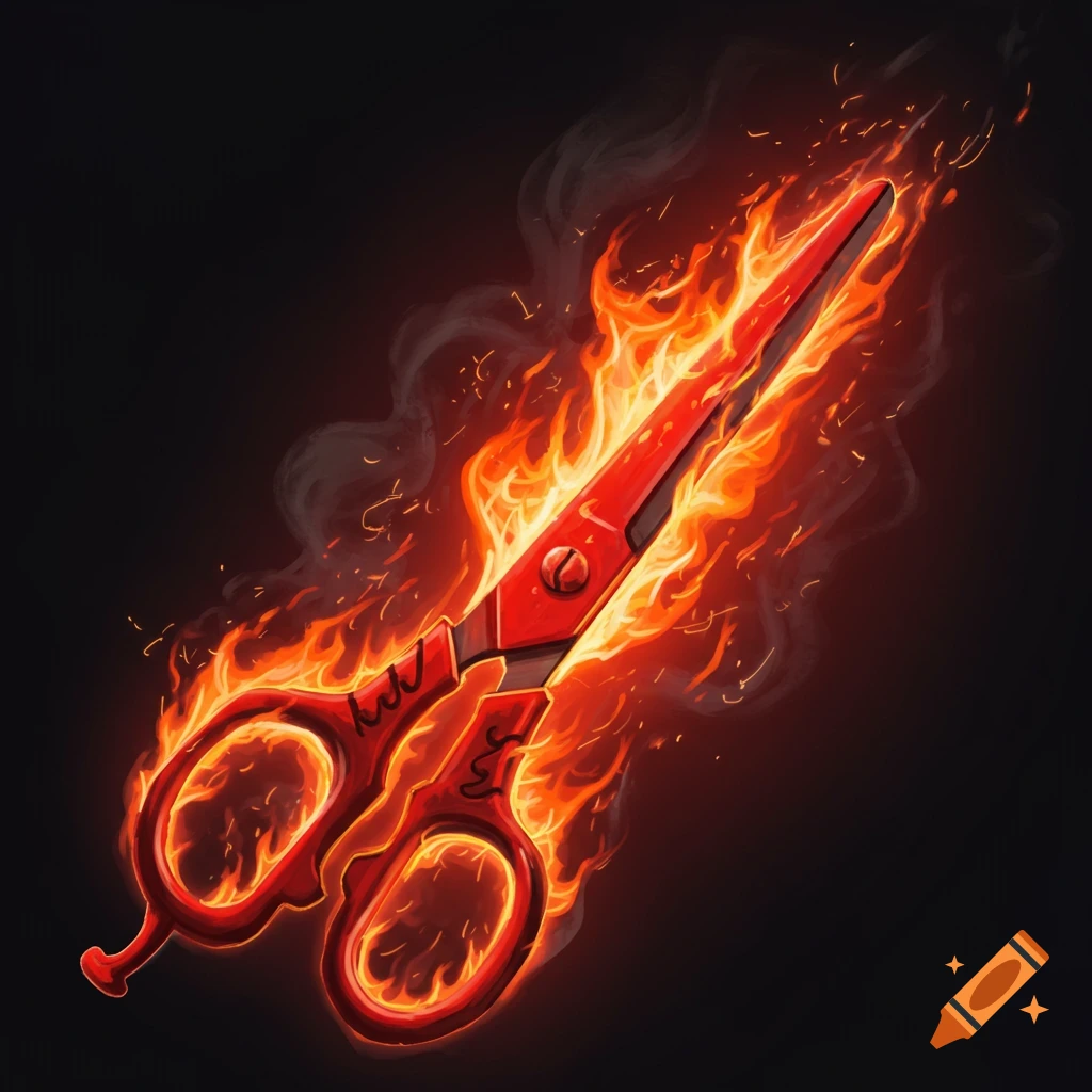 Red and black scissors engulfed in flames.
