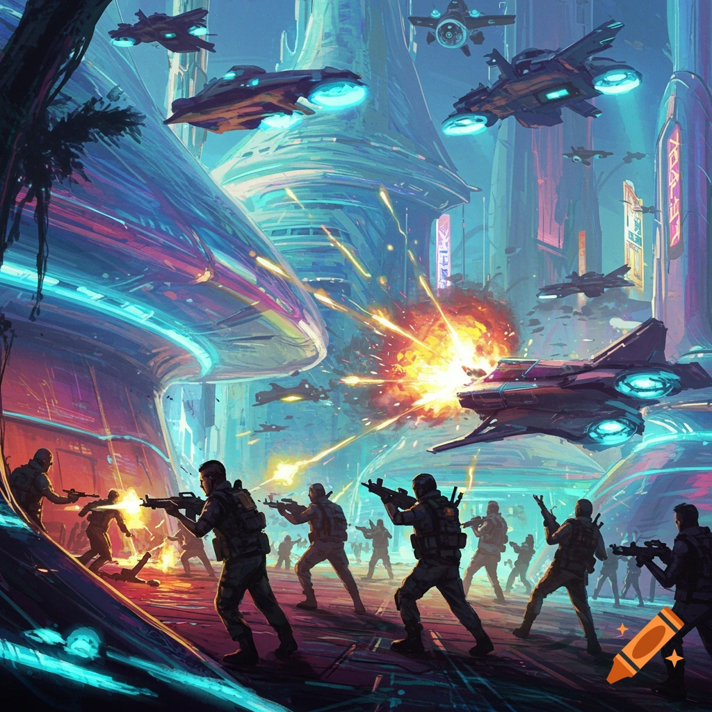 Soldiers fighting in a futuristic city with spaceships.