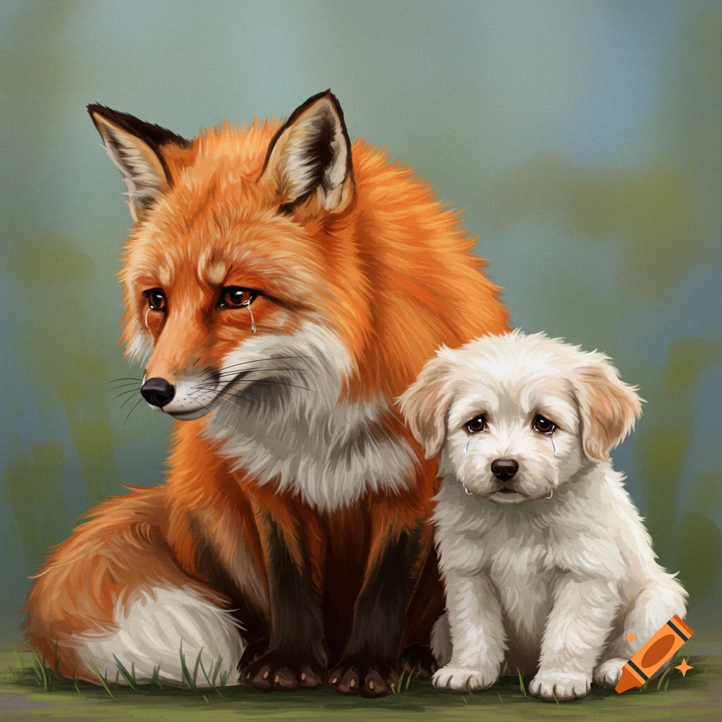 A sad fox and sad puppy sit together, both crying.
