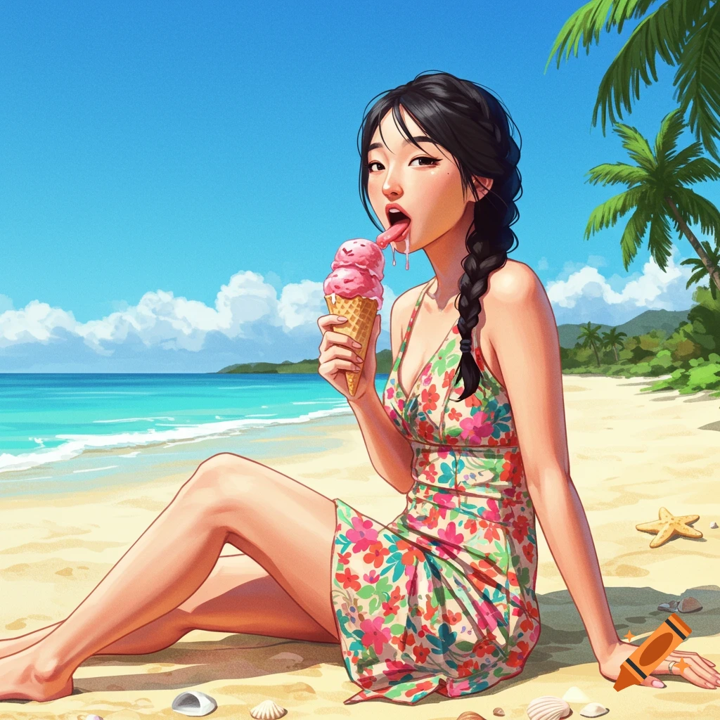 A woman is eating ice cream on a beach.