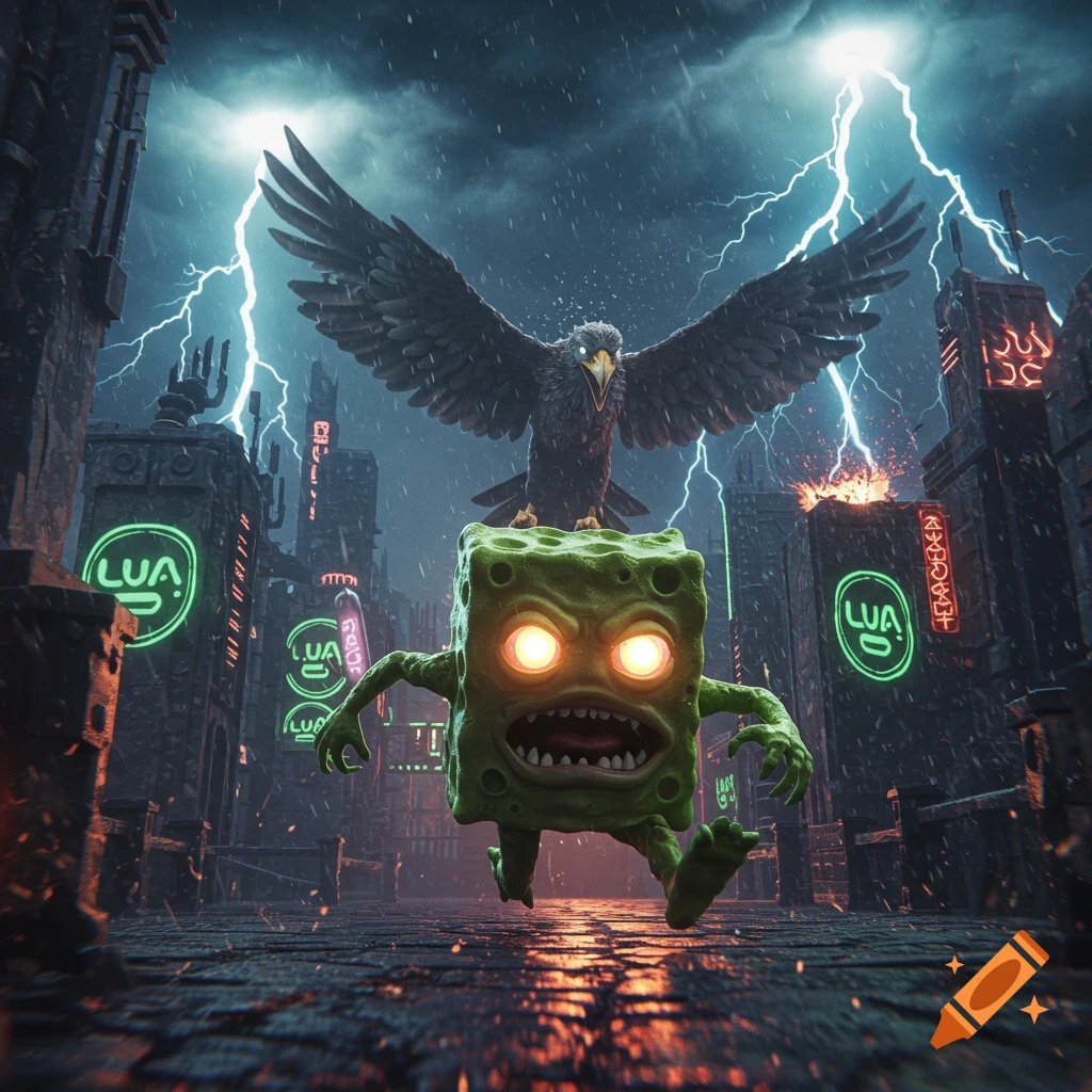 A monstrous green creature with glowing eyes runs through a stormy cyberpunk city with a giant bird above, lightning strikes