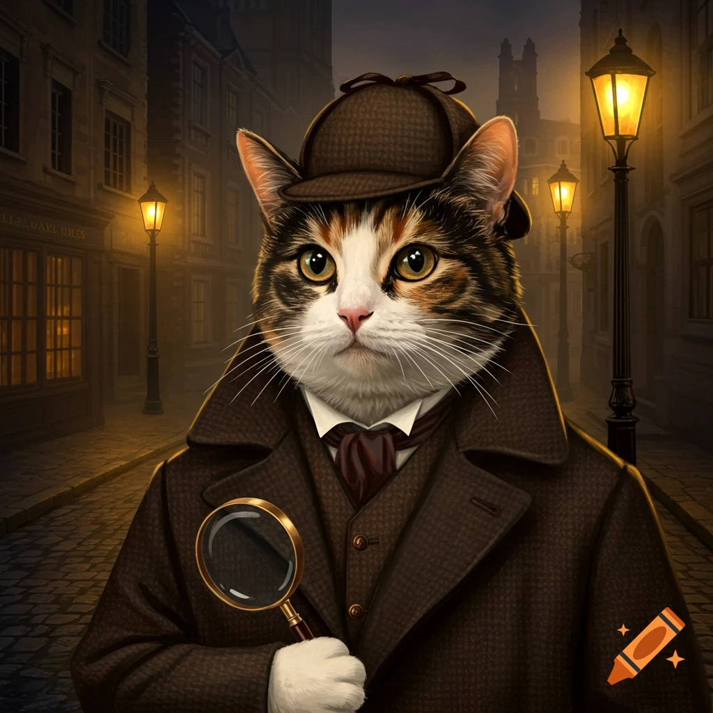 A cat dressed as Sherlock Holmes holds a magnifying glass in a Victorian street.