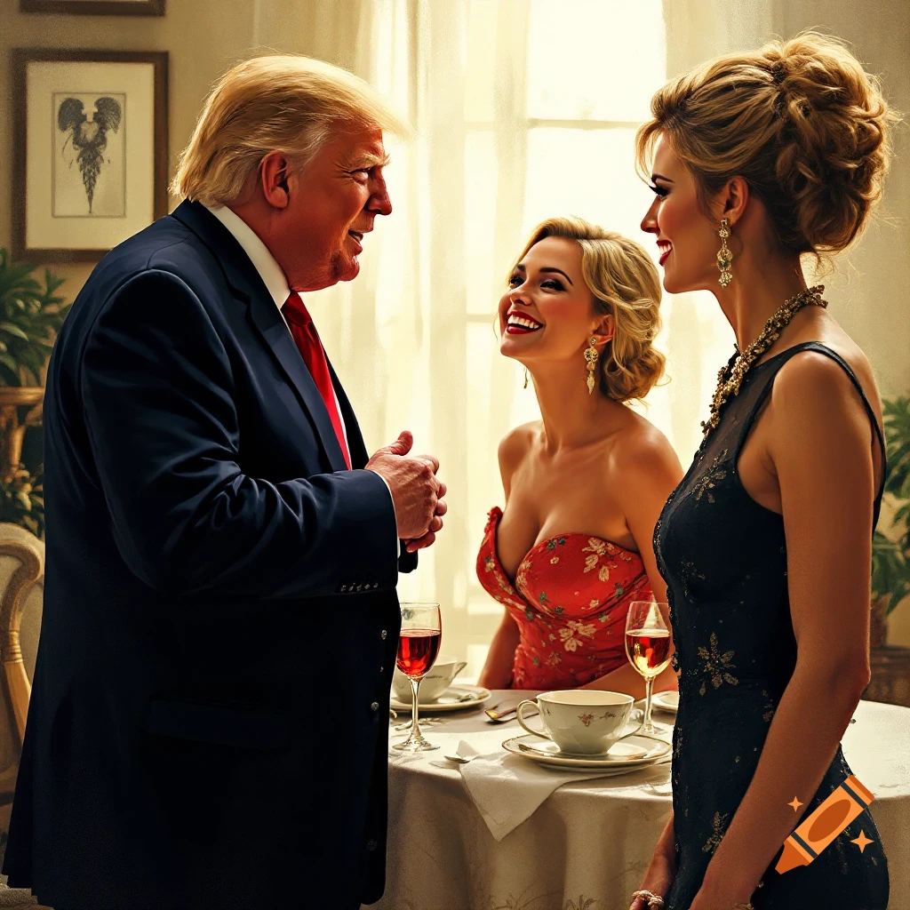 Donald Trump talking to two women at a dinner table, photorealistic style.