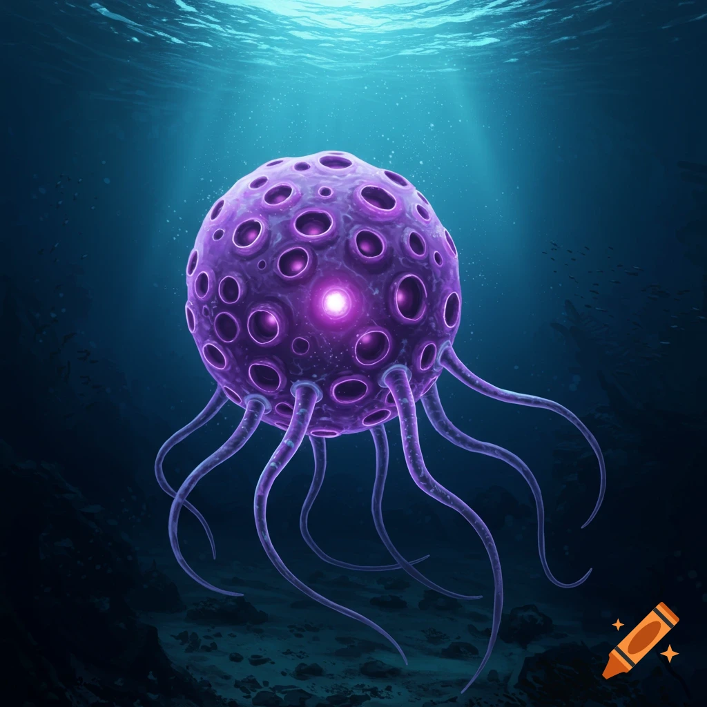 A glowing purple spherical creature with tentacles underwater.