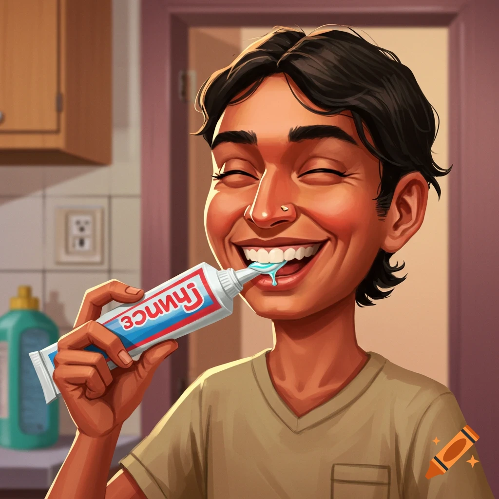 A person brushes their teeth and smiles.
