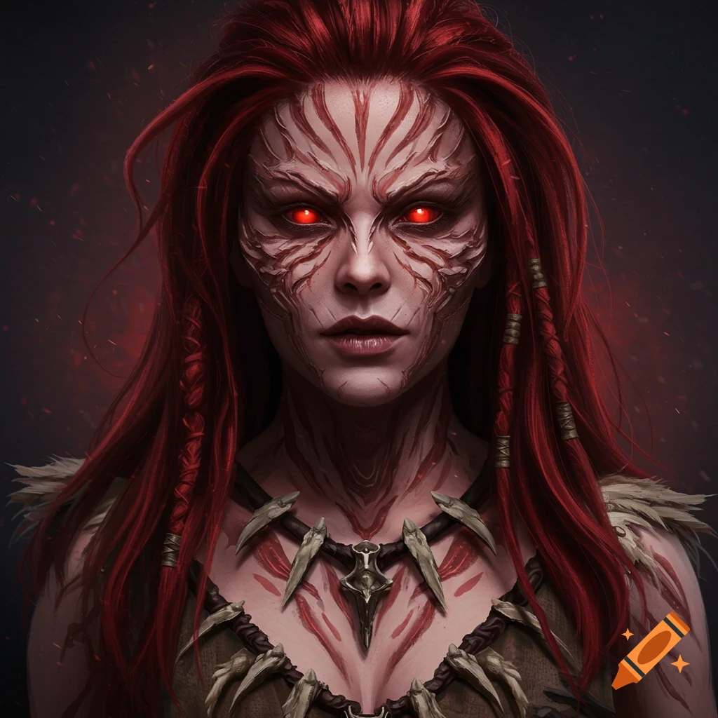 A fantasy huntress with red hair, glowing red eyes, tribal markings on her face and body, wearing tribal clothes and a bone necklace.