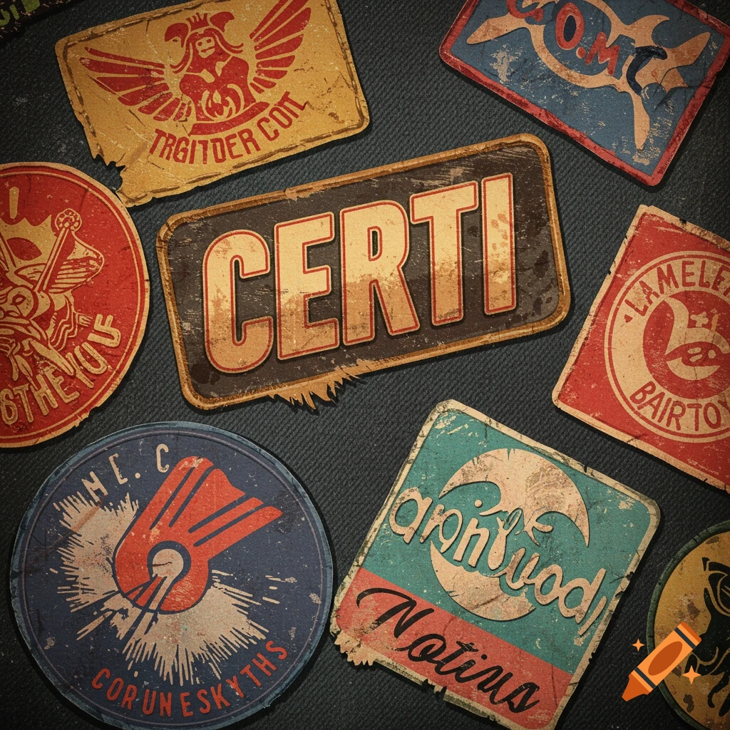 Vintage distressed patches scattered on a surface, one large patch says "CERTI"