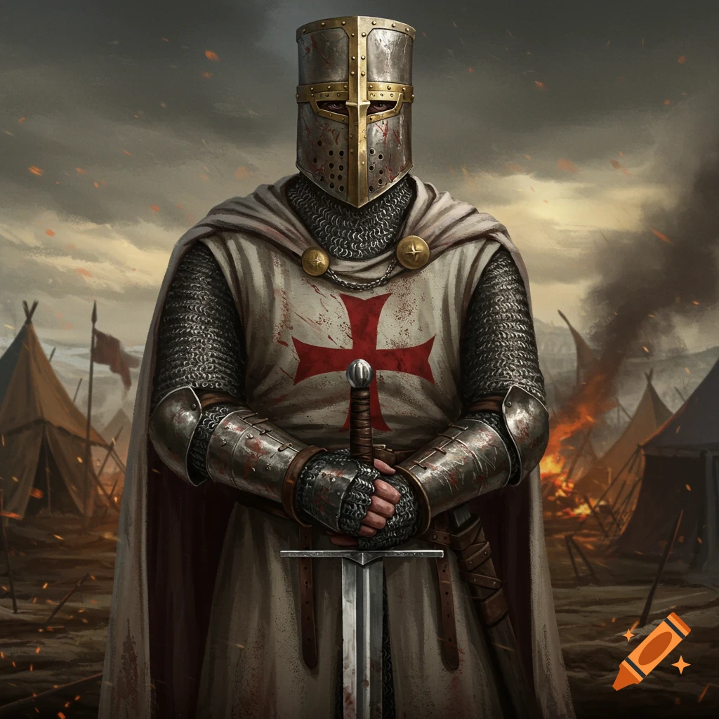 A heavily armored crusader stands in a battlefield camp, holding a sword.