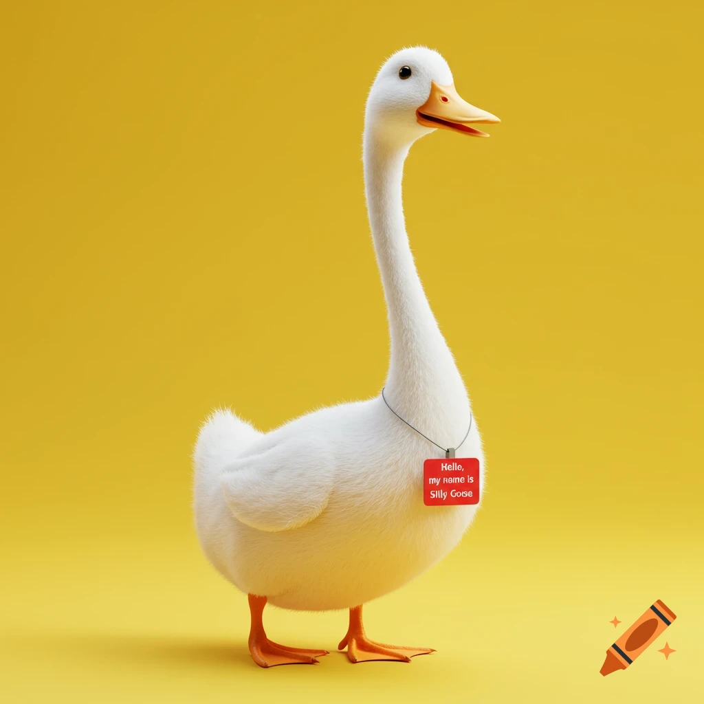 A white CGI goose with a long neck wears a name tag that says 'Hello, my name is Silly Goose' against a yellow background.