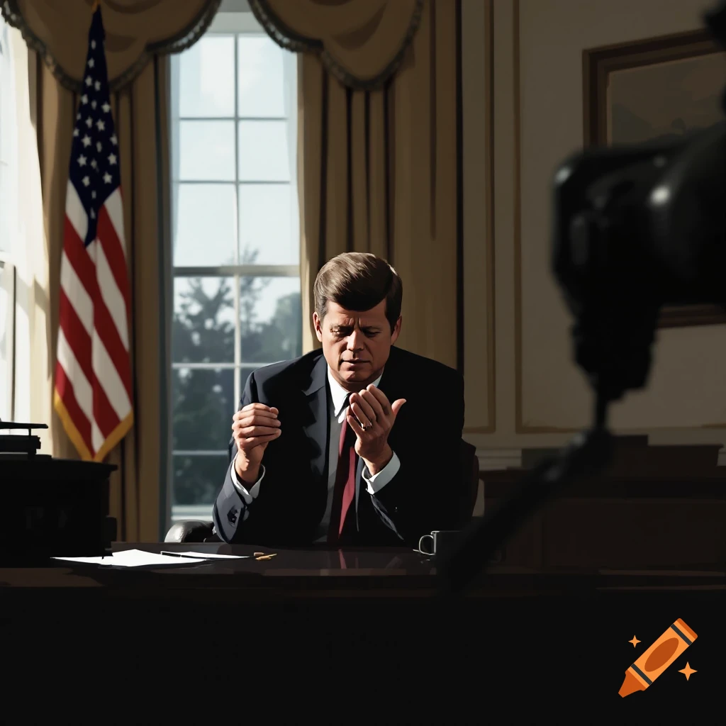 Painting of a man resembling JFK praying at a desk in the Oval Office, with a US flag & camera.