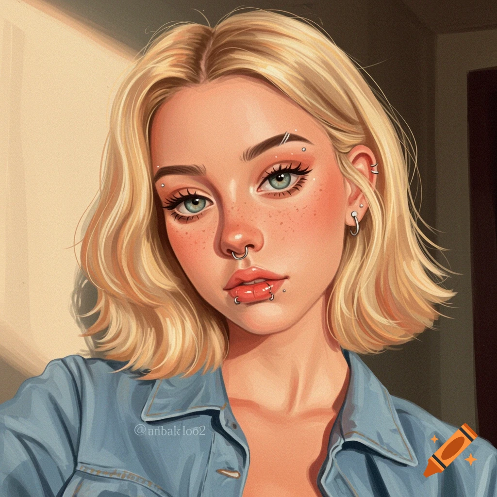 A young blonde woman is shown, featuring both nose and lip piercings.