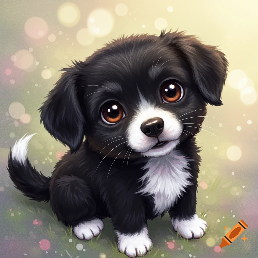 A cute black and white puppy with large brown eyes sits in the grass.