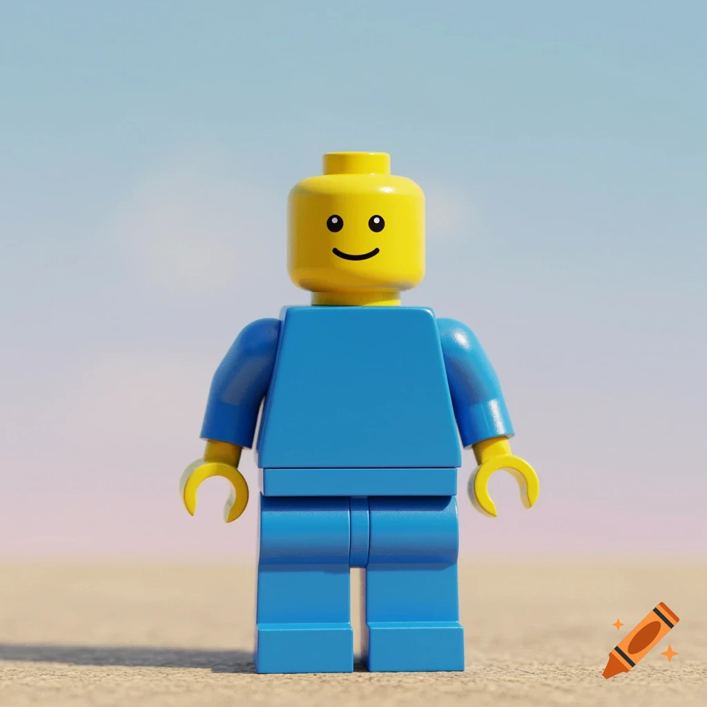 A classic LEGO figure with a yellow head, blue torso, and blue legs stands on sand against a pastel sky.