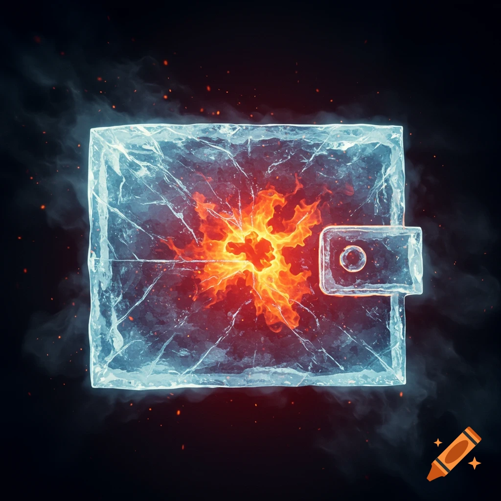 A wallet symbol made of ice with fire burning inside.