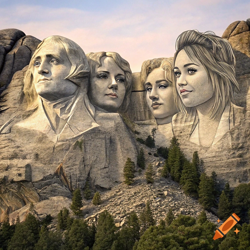 Stylized Mount Rushmore carving featuring four female faces in a mountain landscape.