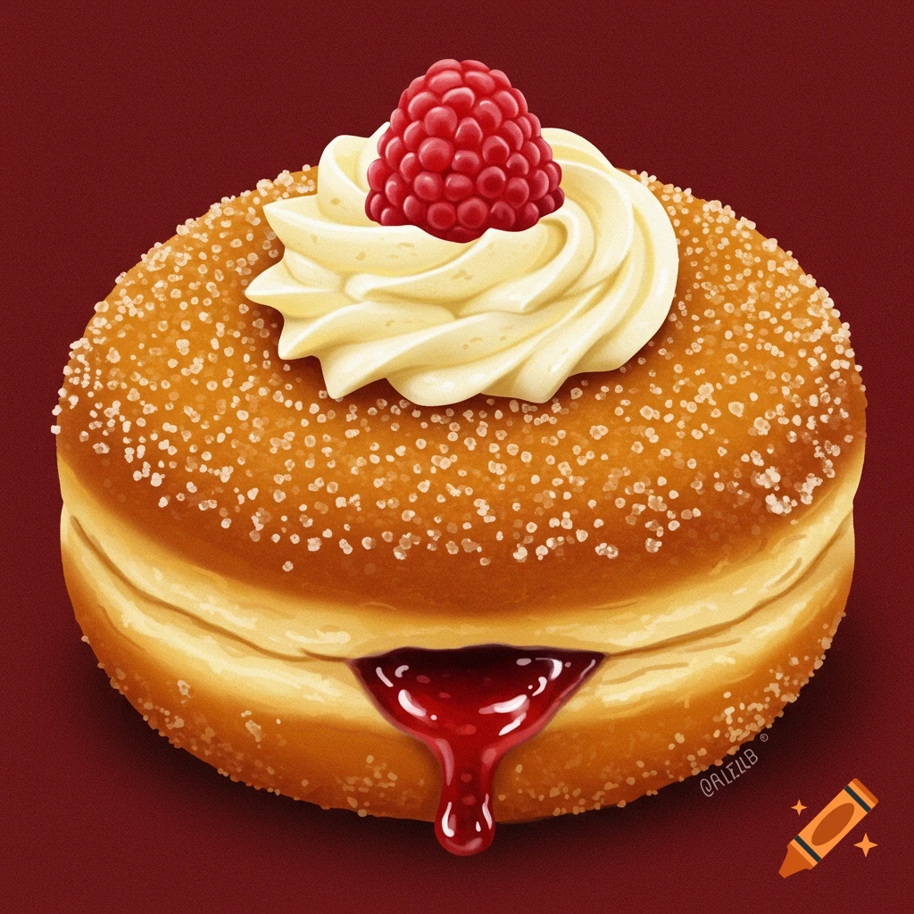 A jelly-filled donut with cream, raspberry, and sugar coating.