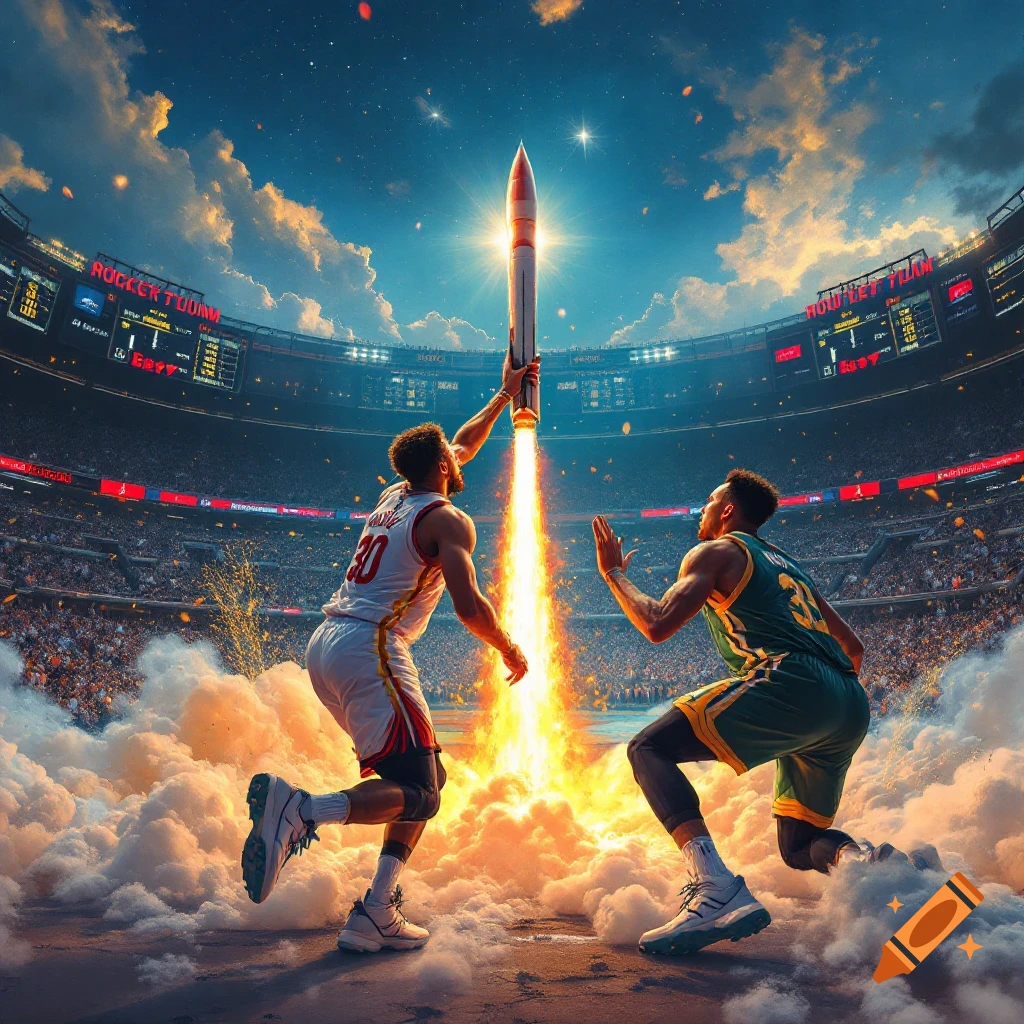 Two basketball players launching a rocket in a stadium with clouds and bright sky.