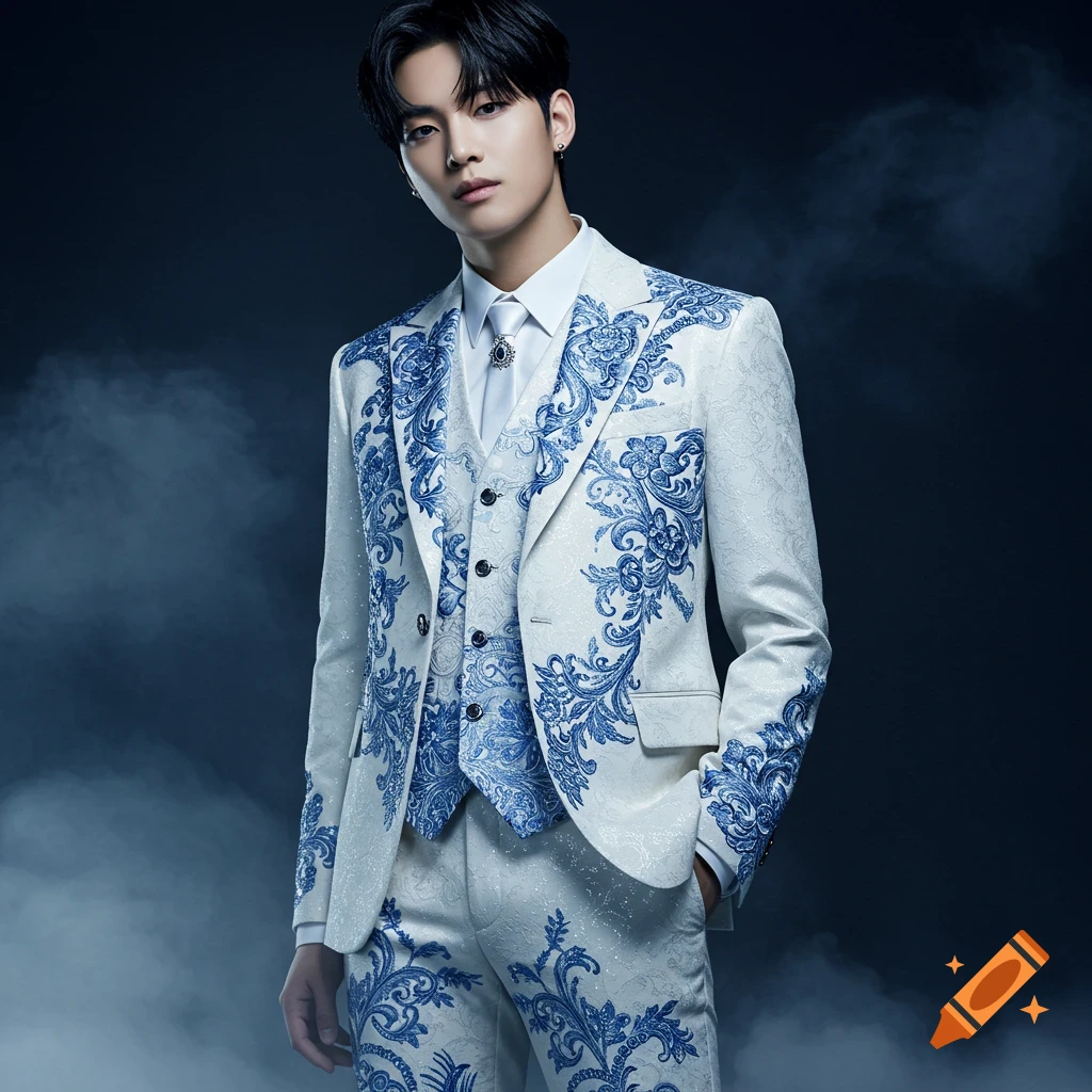A man in a white suit with intricate blue fantasy patterns stands in smoke.