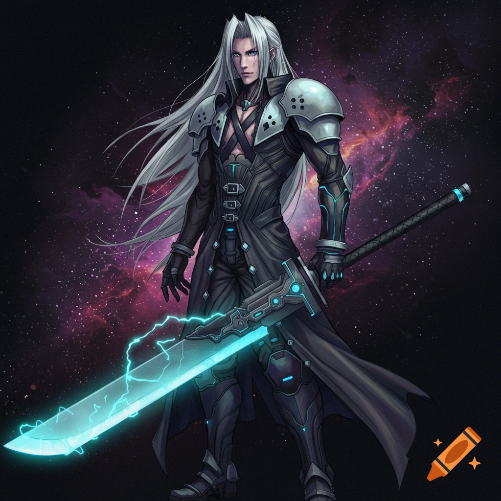 A male character with long white hair and armor, holding a glowing blue sword against a nebula background.
