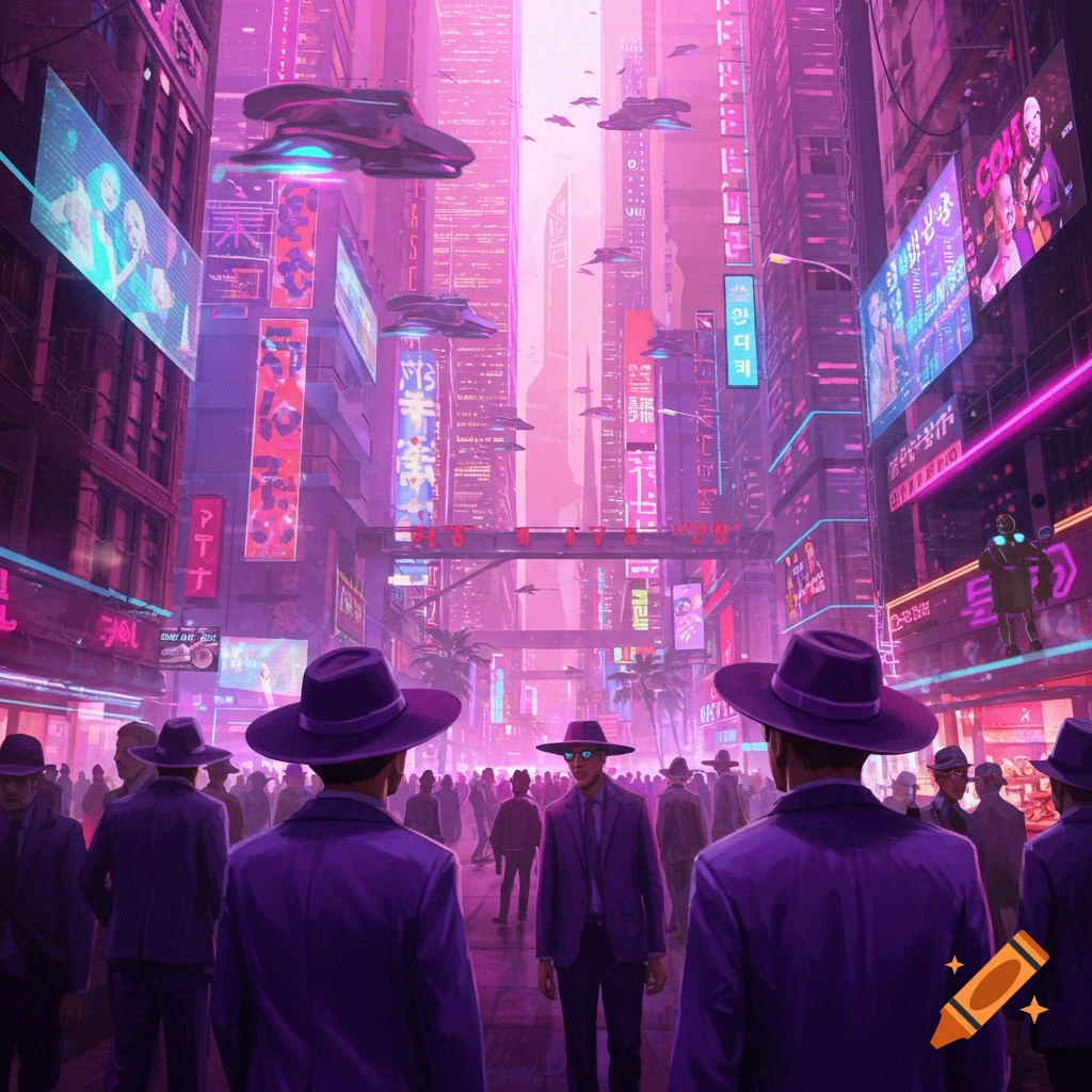 Futuristic cyberpunk city street with tall buildings, neon signs, and people in purple suits and hats.
