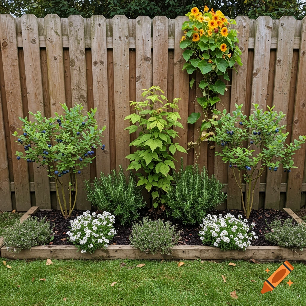 A backyard garden bed with blueberry bushes, rosemary, alyssum, and nasturtium climbing a wooden fence.