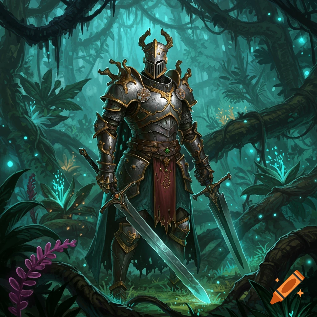 A knight in elaborate armor stands in a mystical jungle with glowing plants.