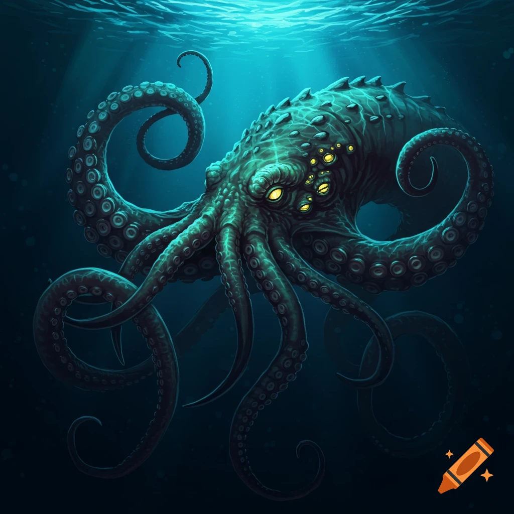 A large Kraken with multiple yellow eyes swims in deep blue water.
